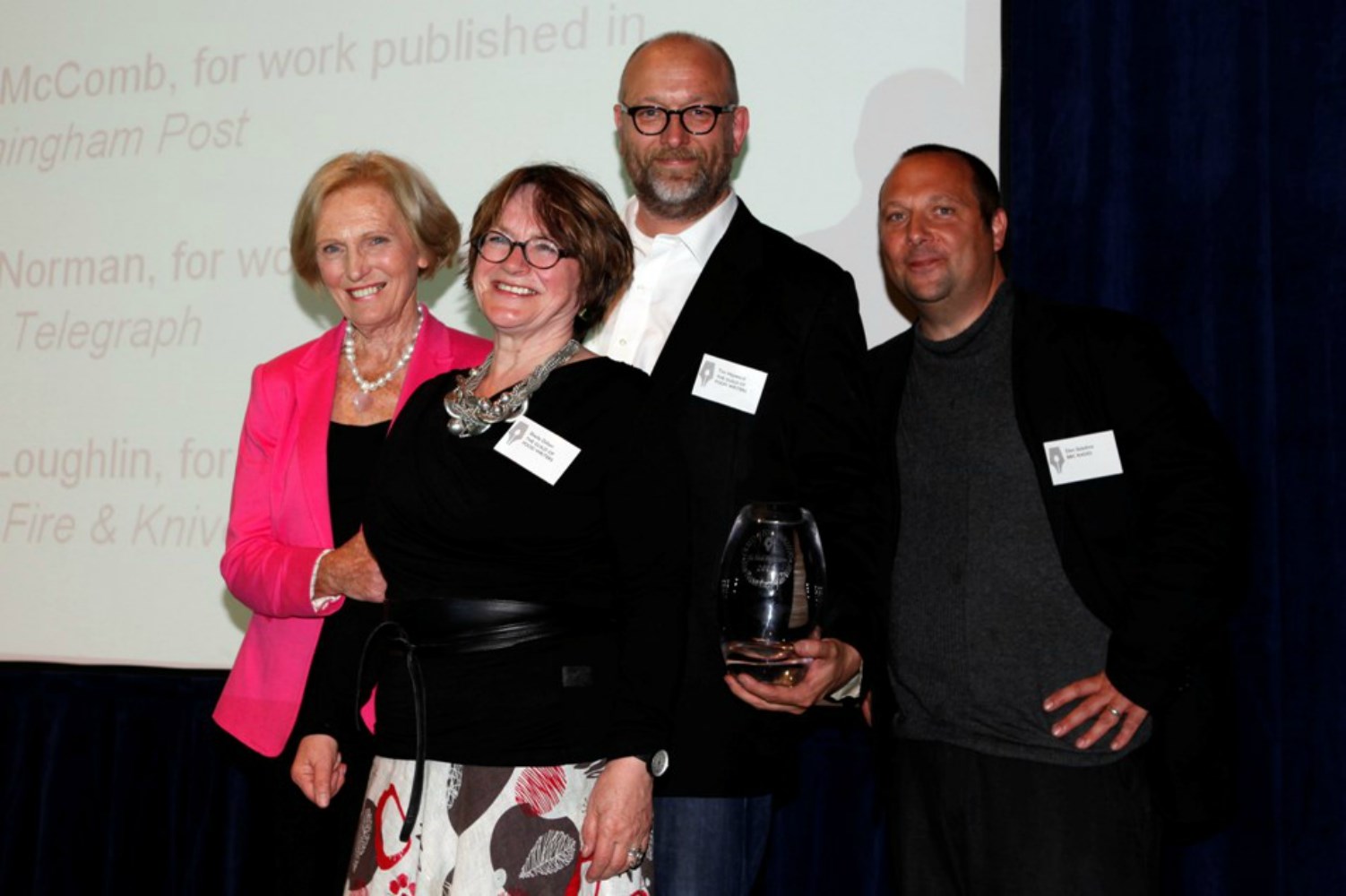 The Food Programme team receiving their second award of the evening: from left to right Mary Berry, Sheila Dillon, Tim Hayward and Dan Saladino